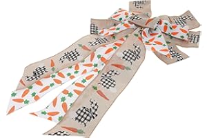 ULTECHNOVO Easter Carrot Fabric Bow for Front Door Hanging Decoration, Two-tone Ribbon Bowknot with Rabbit