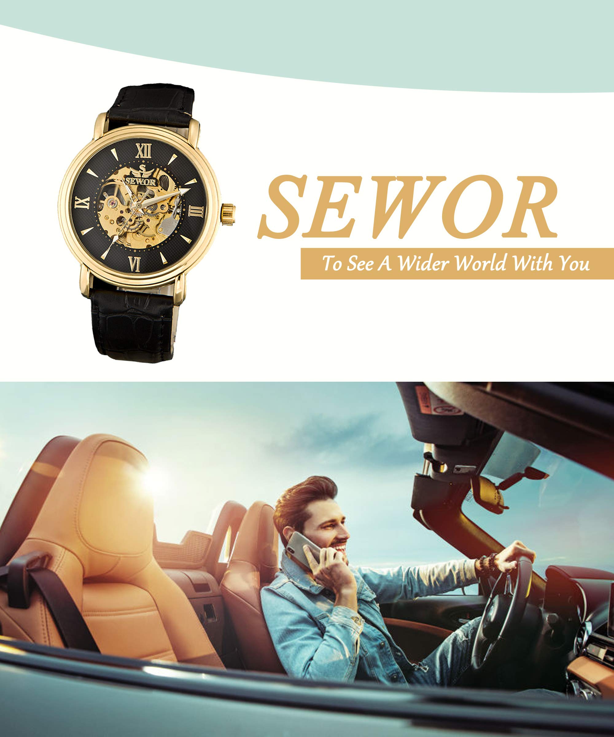 Sewor Men\'s Dress Mechanical Hand Wind Gold Movement Leather Wrist Watch (Brown Gift Box) (Gold Silver)