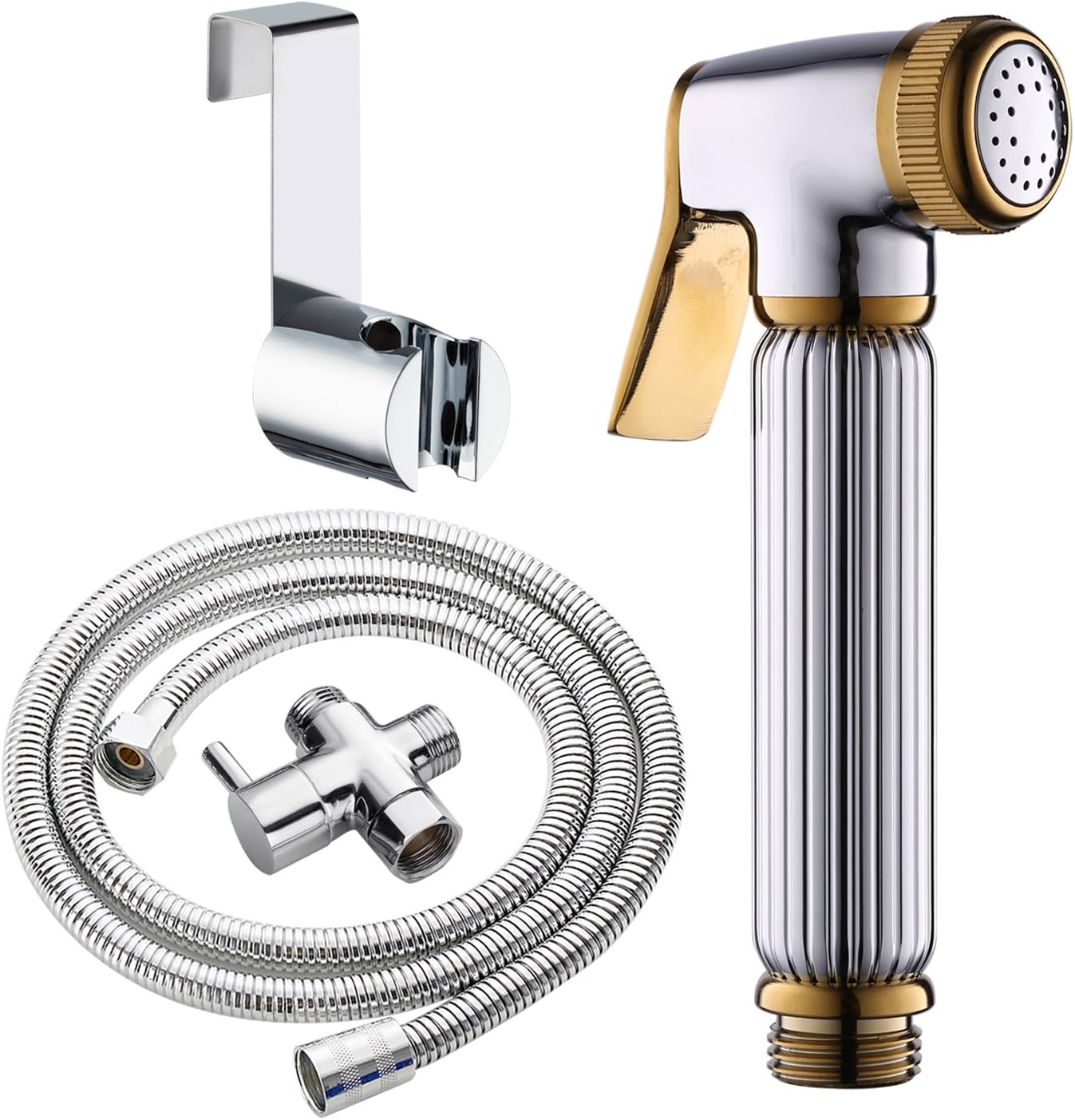 Solid Brass Hand-Held Bidet Bathroom Sprayer Kit-Cloth Diaper Sprayer Shattaf Rinse Toilet Set-with Thumb Pressure Control for Personal Hygiene by Prosloom-Gold