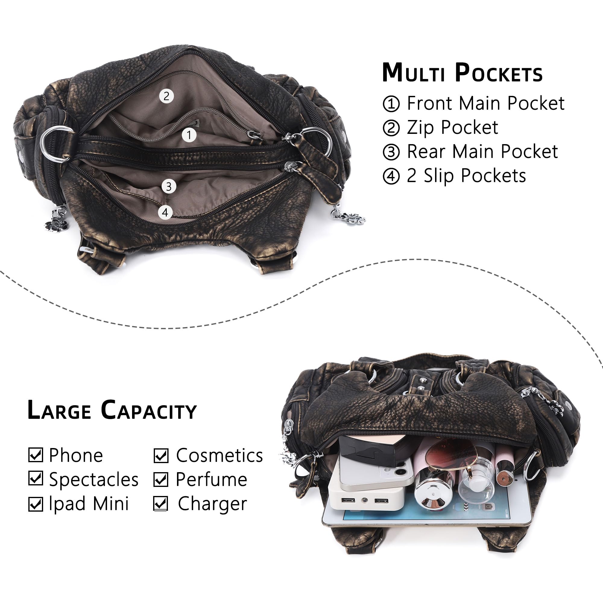 Angel Kiss Purses for Women Small Hobo Shoulder Bags Vagen Leather Multi-Pocket Tote Bag with Zipper, Bronze