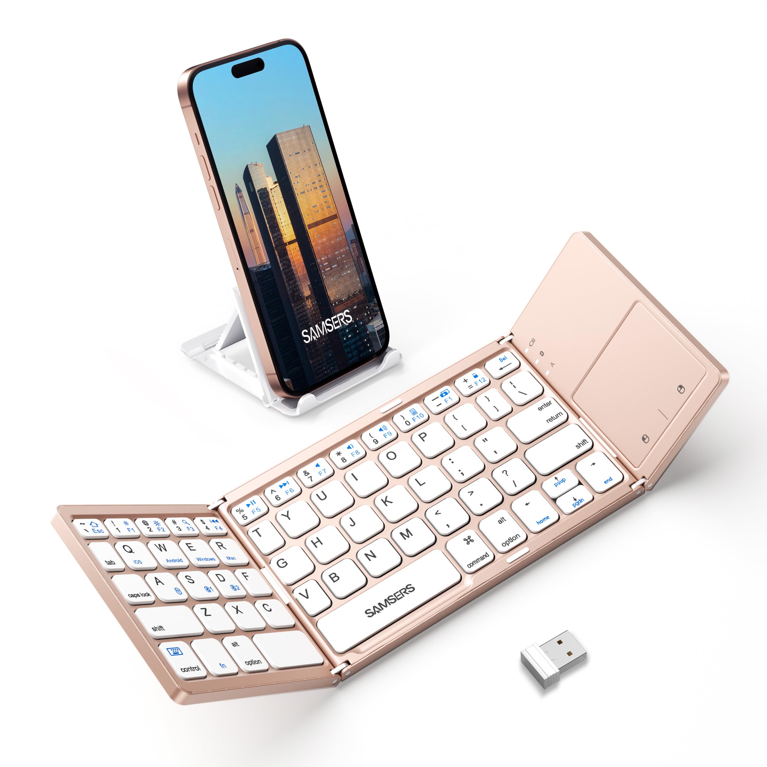 Photo 1 of Samsers Multi-Device Foldable Bluetooth Keyboard with Touchpad, Rechargeable Dual-Mode(2.4G+BTx2) Wireless Keyboard with Holder, Portable Folding Keyboards for Android Windows iOS Mac OS - Pink