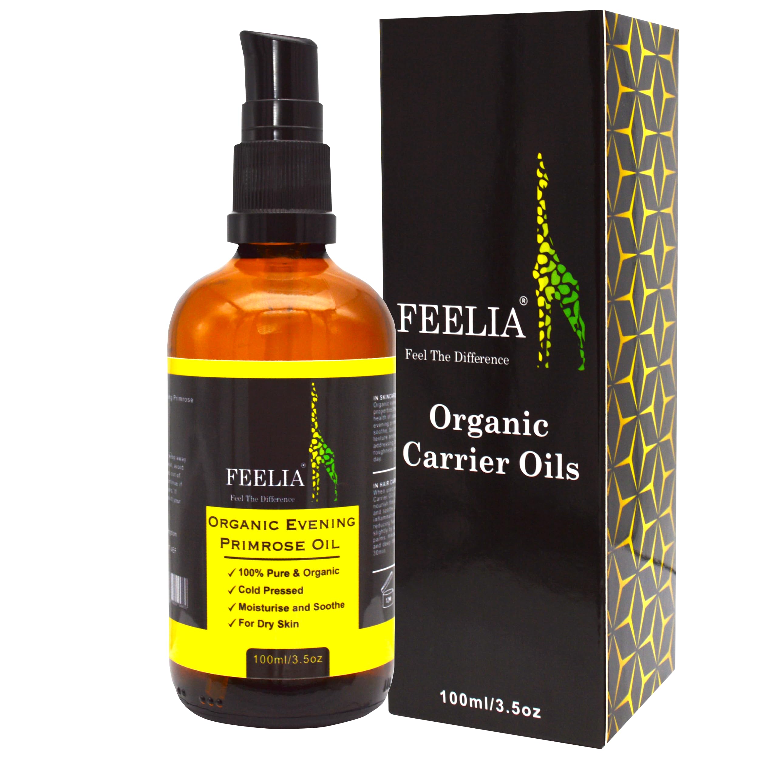 Feelia - Organic Evening Primrose Oil - Cold Pressed, Rich in Omega 6, Moisturize & Soothe 100% Pure & Organic - 100ml