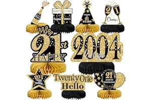 MOORAY 9Pcs Black Gold 21st Birthday Decorations Honeycomb Centerpieces for Girls,Happy 21st Birthday Centerpieces Tables Toppers Party Decorations Supplies,Vintage 2004 Aged Birthday Table Sign Decor