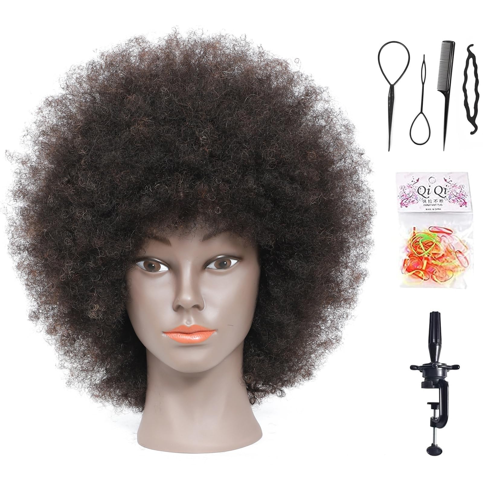 Davinona Training Head African American with 100% Human Hair Mannequin Head Cosmetology Afro Hair Manikin Head for Practice Styling Braiding with Free Clamp+Braid Sets (Natural Color)