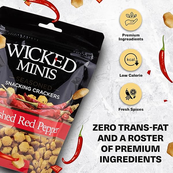 WICKED MINIS SOUP & OYSTER CRACKERS – SALTINE & SALTED FLAVORED MINI PUFFED SOUP, SAVORY SNACKING MIX, SEASONED CROUTONS SALAD TOPPERS, CRACKERS FOR CHILI 6OZ (CRUSHED RED PEPPER)
