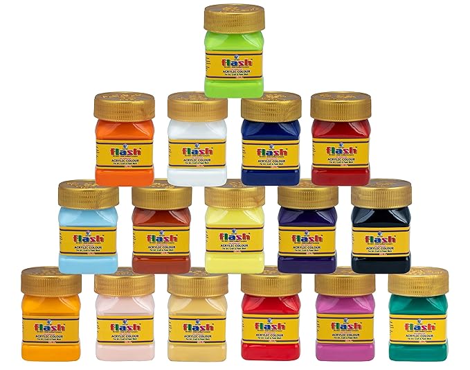 Flash Acrylic 16 Colours Set (16 Shades X 50ml Each) with Storage Box, Rich Pigments, Non