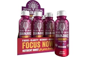 BrainJuice Brain and Immune Support Shot, Gluten Free Supplement Shots for Energy, Focus, Immunity with Vitamin D, C B, Alpha GPC & Organic Ginger Root, Pomegranate Acai, 2.5 fl oz, 12 Pack
