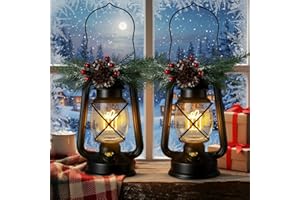 Grinsvalley 2 Pack 15 Inch Christmas Lantern Decorative Outdoor Hanging Lantern Gift Box Filament Vintage with Pine Cone Needle Centerpiece for Indoor Farmhouse Porch Party Decor(Gift Box, Black)