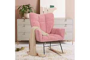 Kromax Rocking Chair Nursery, Comfy Baby Rocker Glider, High Back, Modern Teddy Fabric, for Bedroom, Nursing, Living Room, Pink