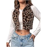 BEAUDRM Women's Y2k Leopard Print Cropped Vest Jacket Zip Up Fuzzy Sleeveless Cheetah Outwear