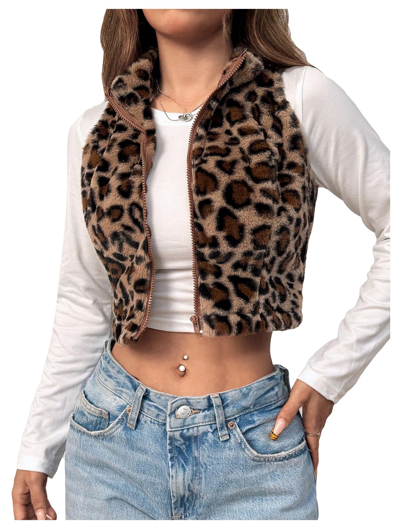 Photo 1 of RoseSeek Women's Leopard Print Zip Up Fuzzy Fleece Vest Sleeveless Crop Jacket Fall Outerwear Brown Large