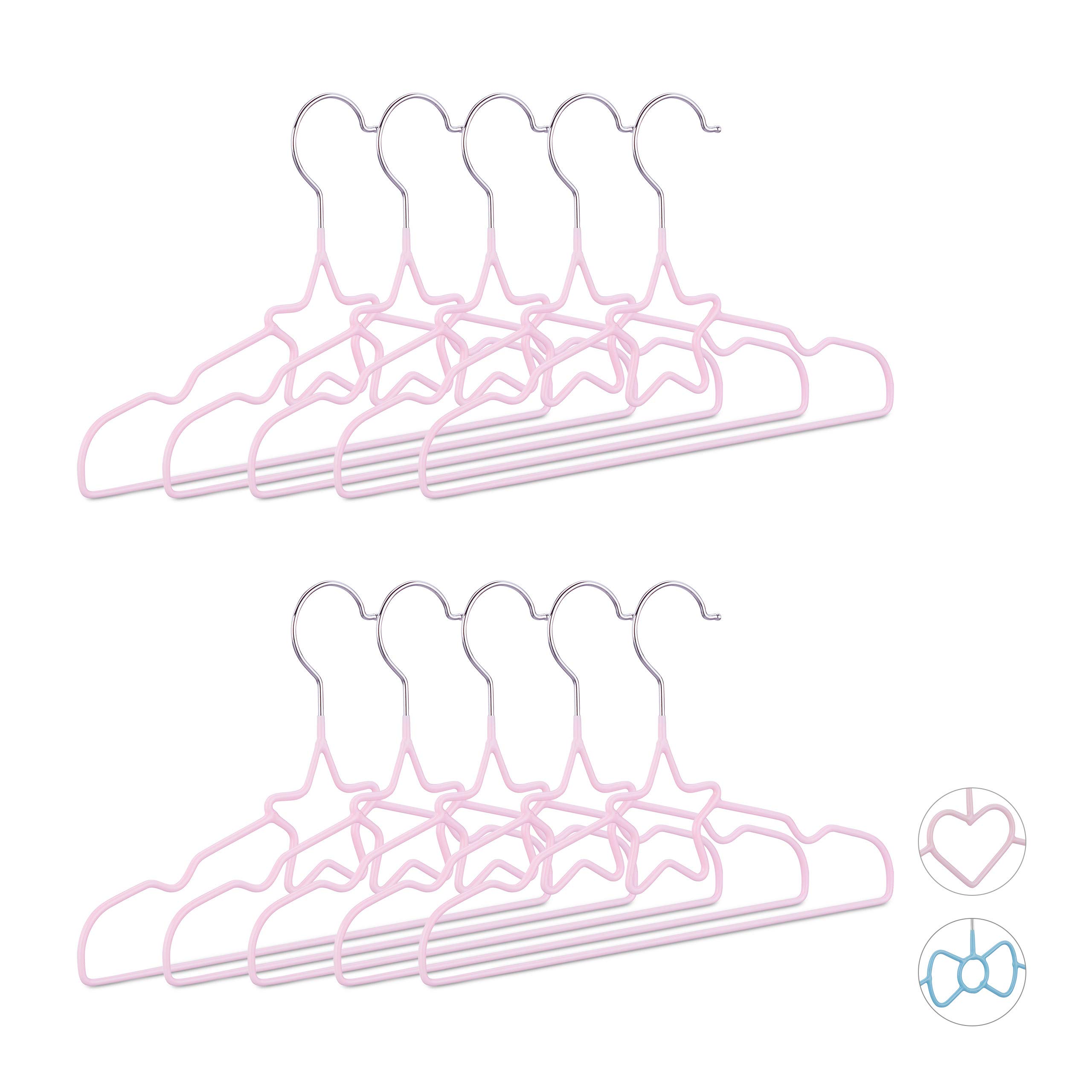 Relaxdays Children’s Bow Star Hangers Set of 10, Compart Wire Holders, PVC-Coating, 30 cm, Light Pink