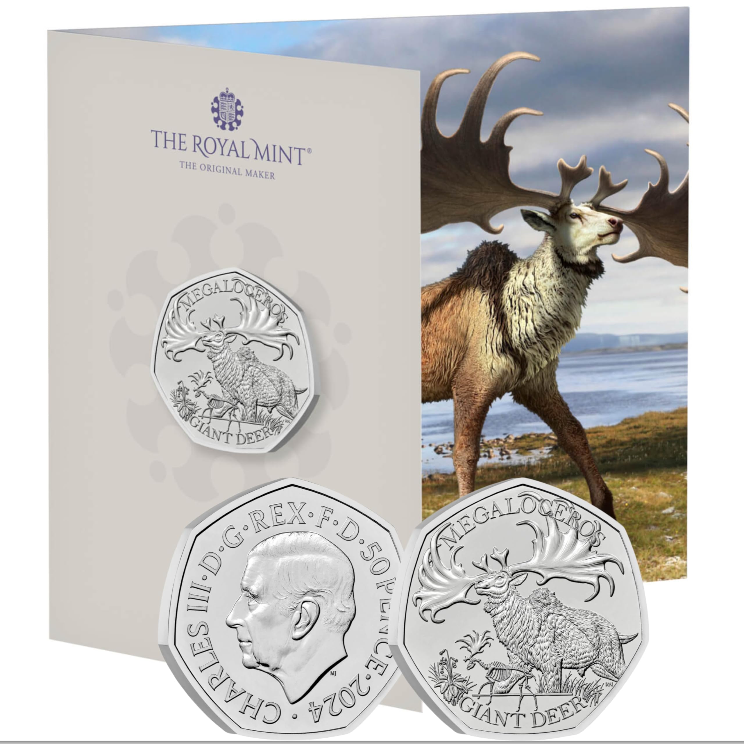 CrawleyCoins 2024 Ice Age Megaloceros Giant Deer 50p Brilliant Uncirculated Coin in Mint Sealed Pack