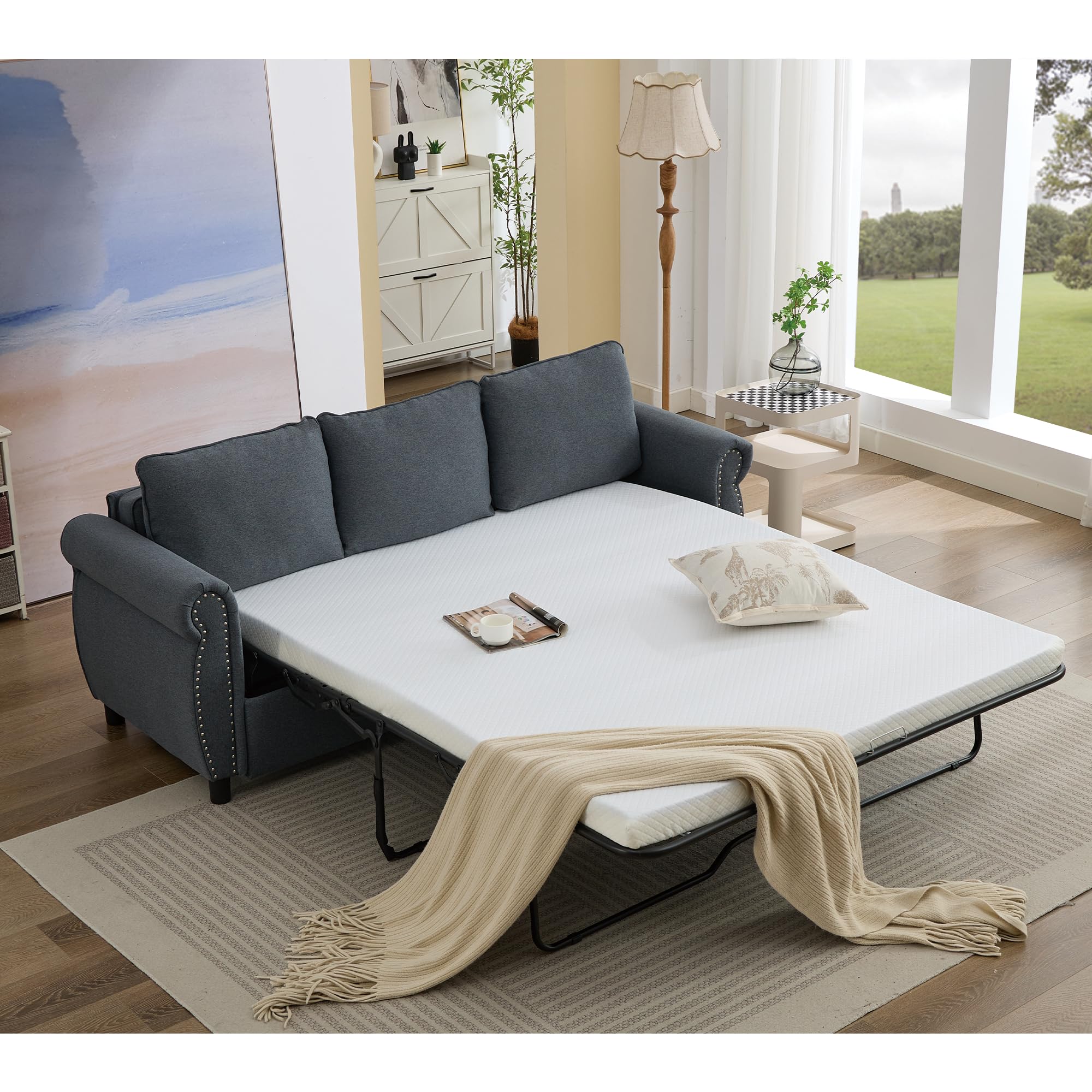 Photo 1 of **BOX 2 OF 2** KEIKI 82" Oversized Convertible Sleeper Sofa Bed with Pull Out Queen Size Daybed and Memory Foam Mattress, 3-Seater Corner Riveted 2 in 1 Couch with Rolled Arms, Easy Assembly, for Bedroom, Gray