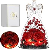 Tiaronics Mothers Day Rose Gifts for Women, Large Angel Figurines with Real Roses, Preserved Real Flower Rose for Her - Red