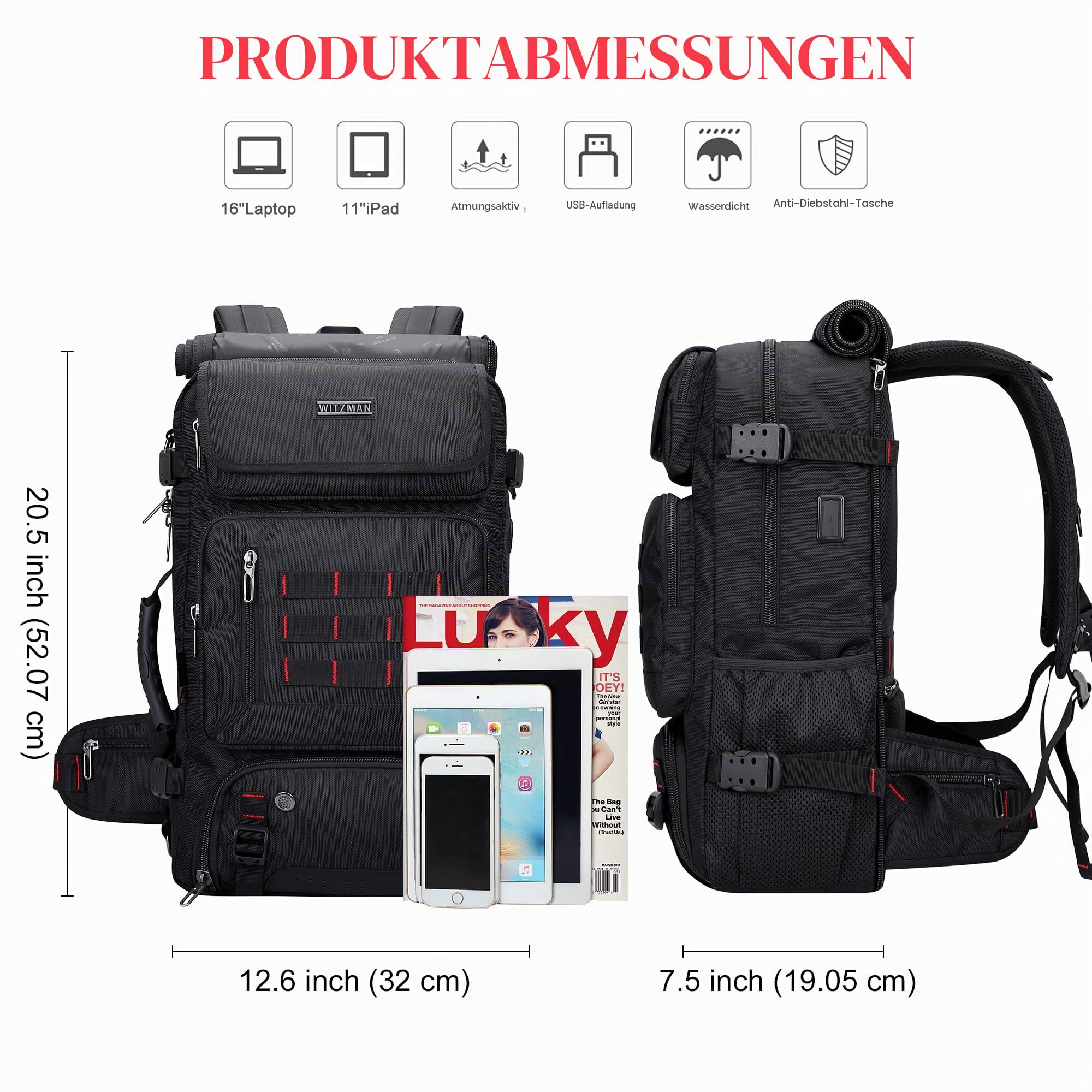 WITZMAN Reiserucksack Herren Groß Nylon Laptop Rucksack Fit 16 Zoll Reiserucksack Reisetasche mit Schuhfach für Flugzeug Reise(B682 Schwarz) 4