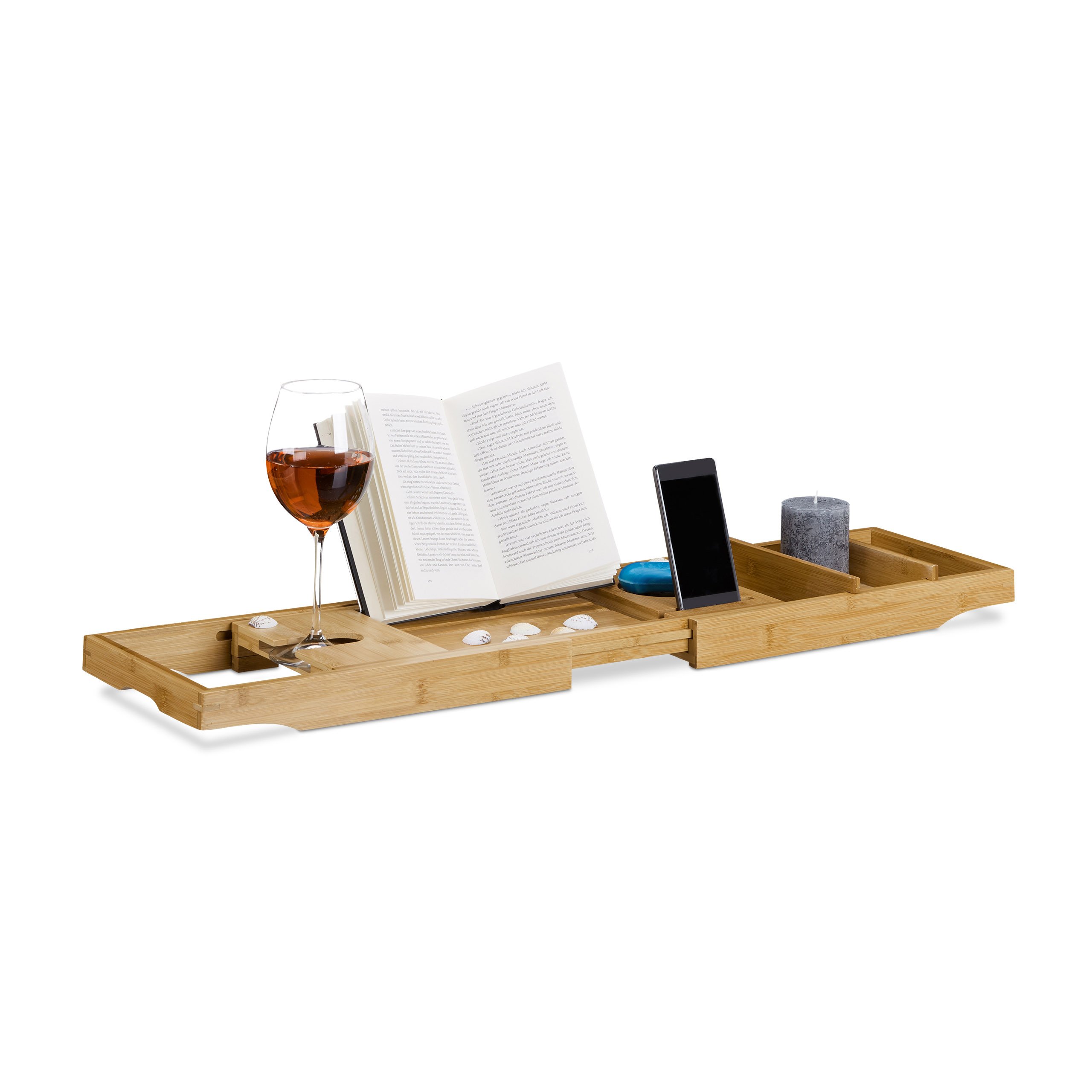 Relaxdays Extending Bathtub Caddy, Bamboo Bathroom Rack with Bookstand with Glass Holder, Natural