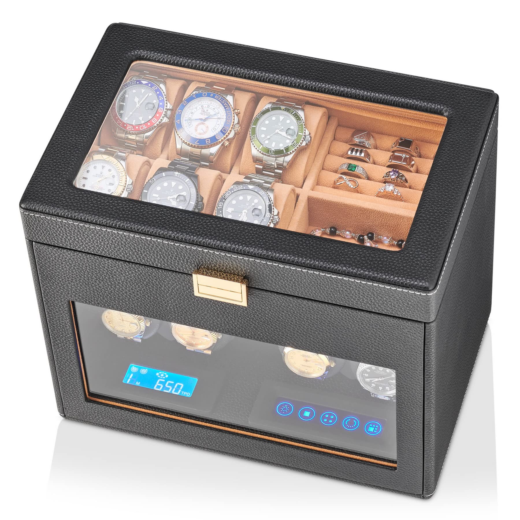 4 Watch Winder with 6 Storage Slots, Jewelry Organizer and LED Interior Light