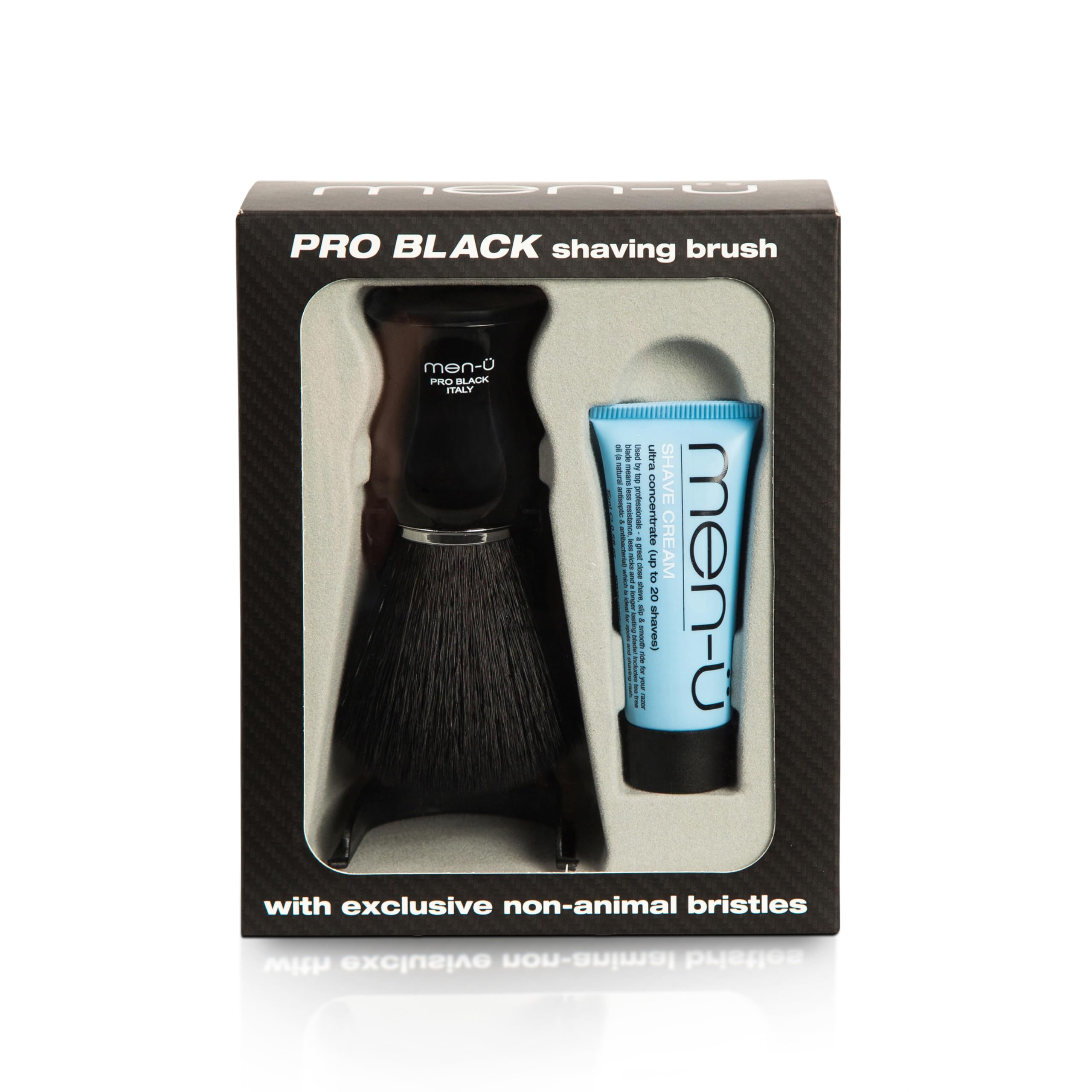 men-u PRO BLACK SHAVING BRUSH set – mens shaving brush w/exclusive manufactured bristles. New Generation Modern Italian Shaving Brush, Vegan, No bristle loss & includes 15ml SHAVE CREAM buddy tube.