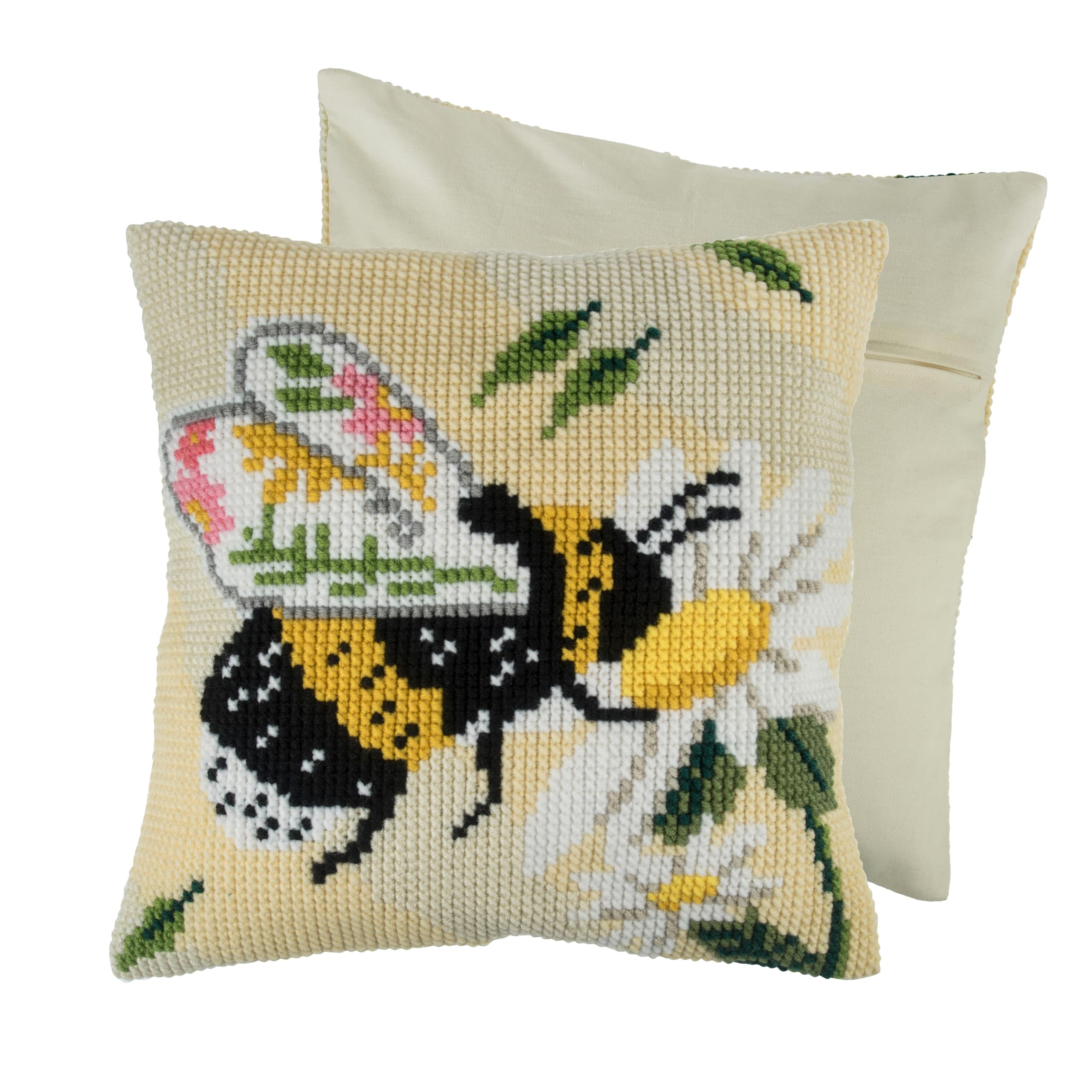 Trimits Cross Stitch Cushion Kit, Cushion Back Included, Pre Printed Canvas, Yarn and Needle Included 40 x 40cm (15.75 x 15.75in), Floral Bee — image 1
