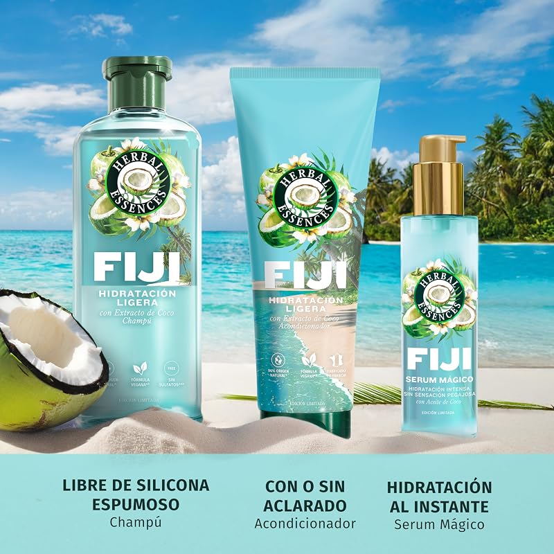 Champô Fiji 350ml, amaciador 250ml e Magic Serum sem enxaguamento 95ml de hidratação leve. Com extrato de coco. Para cabelo macio e sedoso