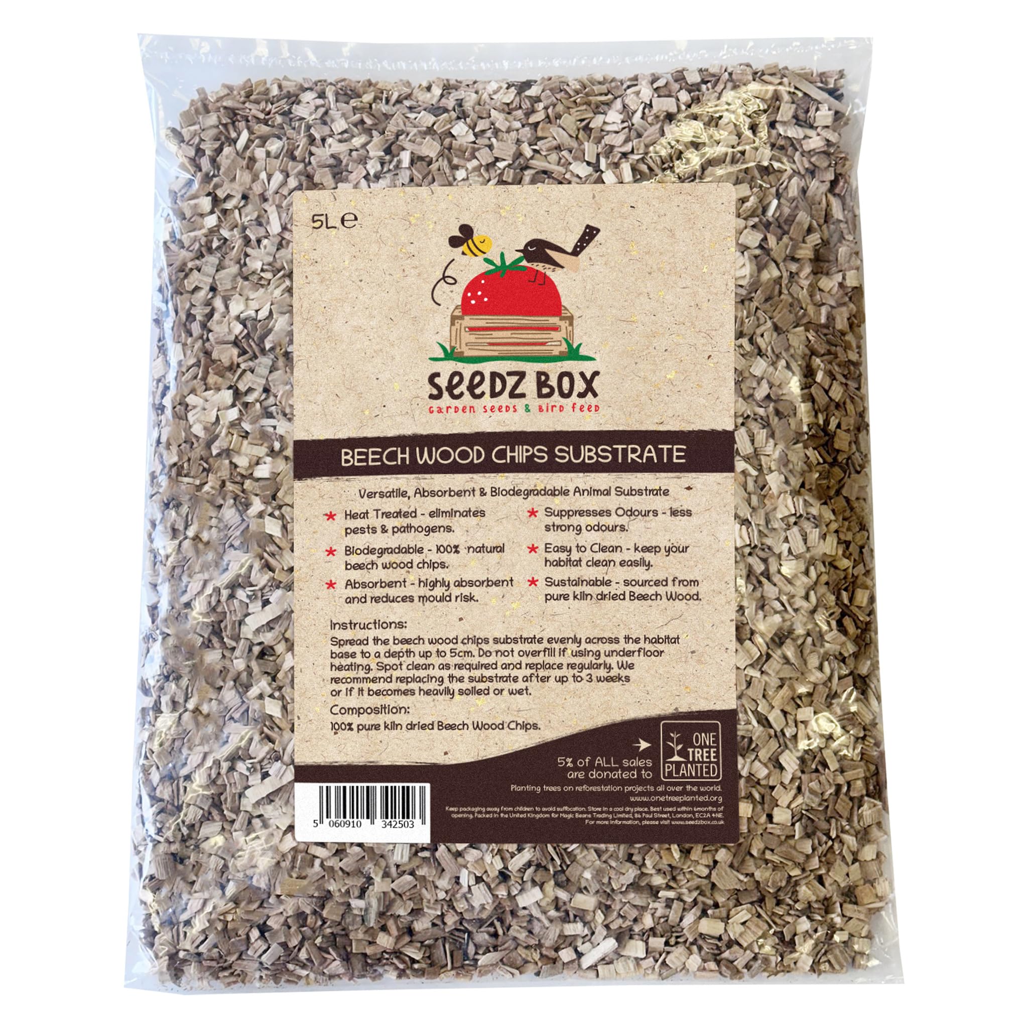 Beech Wood Chips For Hamsters Chickens Tortoises Reptiles Snakes Lizards Birds 5L - Versatile Substrate - Absorbent & Biodegradable - Heat Treated - Use In Dry or Humid - Seedzbox