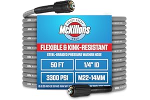 McKillans® Pressure Washer Hose 50 ft - Flexible & Kink-resistant - Steel-Braided & Durable- M22-14mm Stainless Steel Plug - Power Washer Hose - High Pressure 1/4" Inner Diameter - Long 50 ft Reach