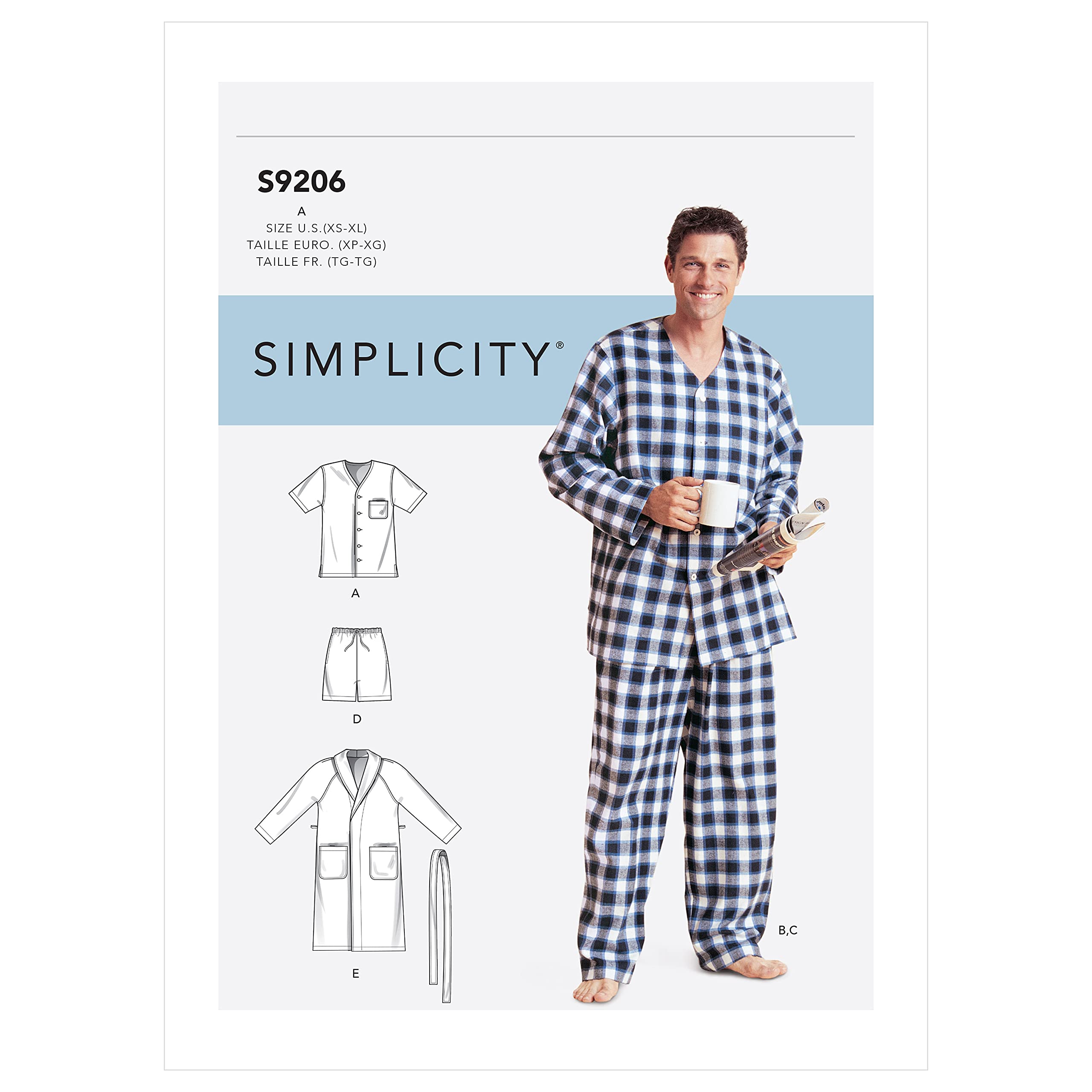 SIMPLICITY SS9206A A (XS-S-M-L-XL) Belted Robe has Shawl Collar, Front Patch Raglan Short or Long Sleeve Shirt has Chest Pocket on Left Side Slits