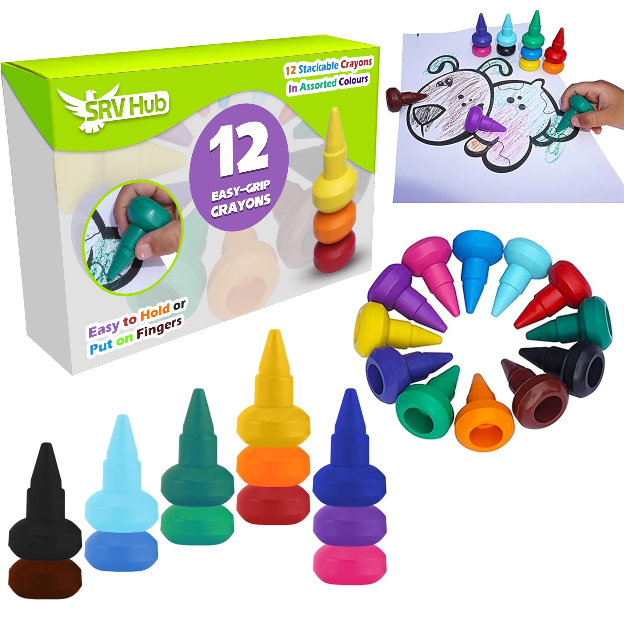 SRV Hub 12x Stackable Easy Grip Crayons for Toddlers – Non-Toxic, Washable Multicolor Christmas Crayons for Kids, Safe Art Set for Boys & Girls, Xmas Gift, Birthdays & Party Fillers