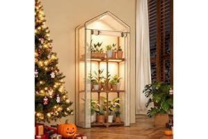 Bamworld Mini Greenhouse with Grow Light Plant Stand for Mutiple Pots Outdoor 3-Tierd Reusable Portable Warm House with PE Cover Compact Patio Boho Home Decor