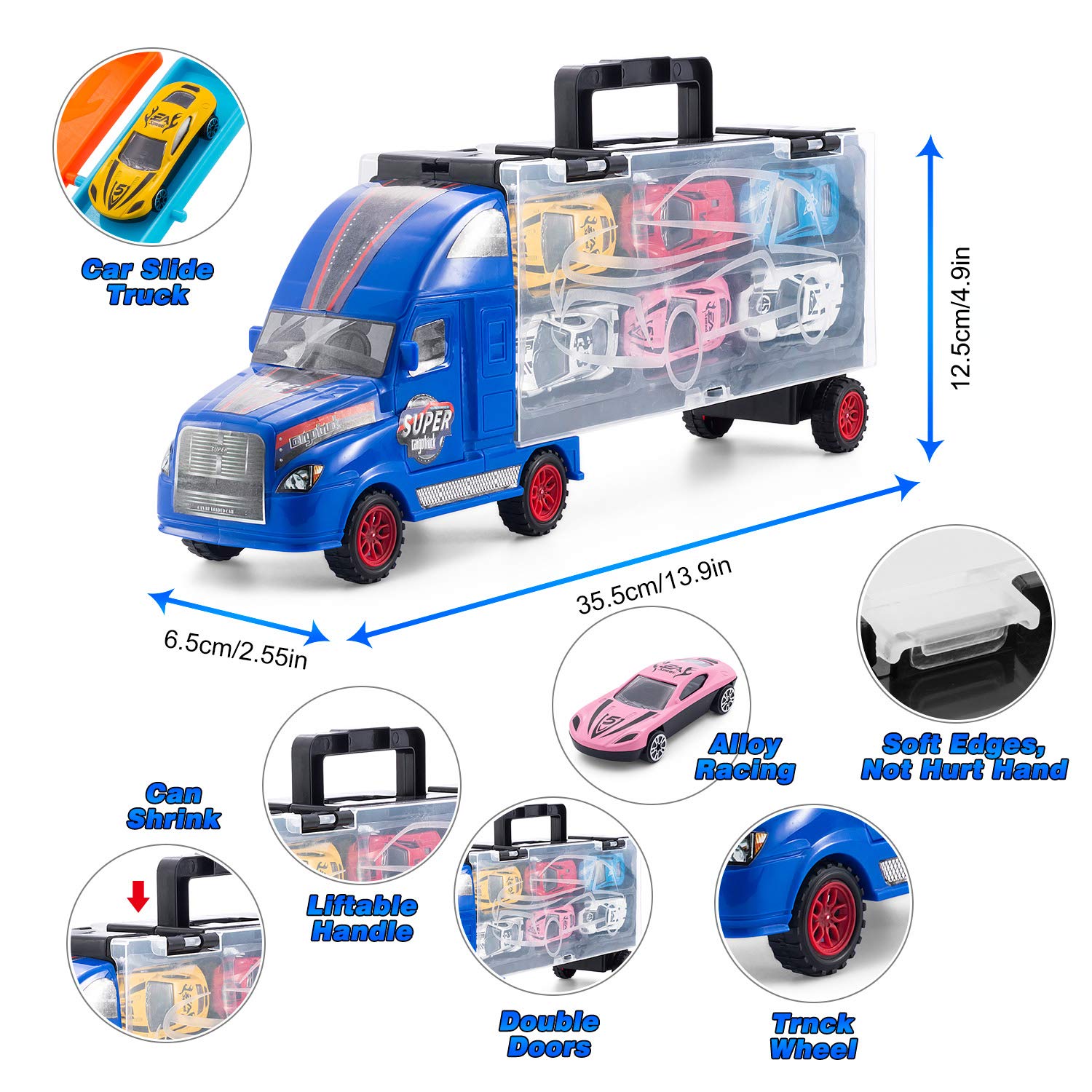 TAODUDU Kids Truck Transport Car -17 PCS Toy Car with Track Container Truck Toy Set , Activity Game Pad Dice and Alloy Race Model Transport Toys Cars for Kids , Boys & Girls