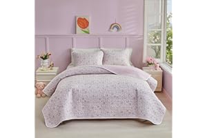 Joyreap 2 Pieces Floral Cotton Quilt Set Twin, Pink Flowers Lovely Design for Girls, Cozy Lightweight Cotton Quilt Bedspread Bed Cover for All Season- 68x88 inches