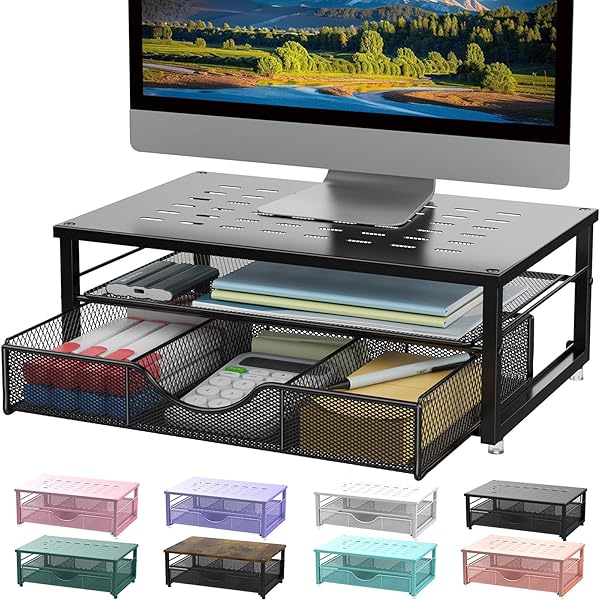 GIANOTTER COMPUTER MONITOR STAND RISER, DESK ORGANIZERS AND ACCESSORIES WITH DRAWER, OFFICE DESK ACCESSORIES & WORKSPACE DESKTOP ORGANIZERS STORAGE FOR PRINTER STAND (BLACK)