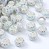 Guoxin 100 Pcs Rhinestone European Beads Crystal Large Hole Charm Spacer Beads for DIY Bracelet Necklace Earring Crafts Jewelry Making (AB)