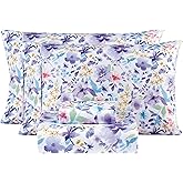Mooreeke Floral Queen Sheets, Soft Breathable Microfiber Vintage Printed Bed Sheet Set, Deep Pocket Non-Slip Fitted Sheet Included, Purple Flower Pattern