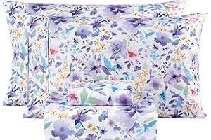 Mooreeke Floral Queen Sheets, Soft Breathable Microfiber Vintage Printed Bed Sheet Set, Deep Pocket Non-Slip Fitted Sheet Included, Purple Flower Pattern