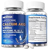 2 Pack Liposomal Calcium AKG Supplement 1500mg with Vitamin D3 & K2 for Women & Men, Calcium Supplement with Magnesium Glycinate, Boron, Probiotics & Vitamin C for Bone Strength & Energy, 240 Softgels