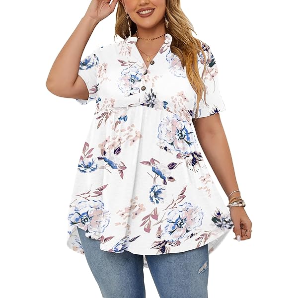 Othyroce Women's Plus Size Summer Tops - Henley V Neck Short Sleeve Blouse