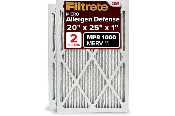 Filtrete 20x25x1 AC Furnace Air Filter, MERV 11, MPR 1000, Micro Allergen Defense, 3-Month Pleated 1-Inch Electrostatic Air Cleaning Filter, 2 Pack (Actual Size 19.688 x 24.688 x 0.84 in)