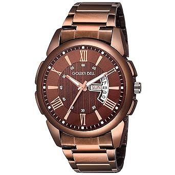 Golden Bell Stylish Latest Day and Date Multifunction Brown Dial Brown Steel Chain Mens Watch - GB-1313