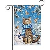 Wodison Winter Cat Garden Flag 12x18 Inch Double Sided for Outside，Snowflake Christmas Snowman Birds Holiday Outdoor Decorations Burlap Yard Flag