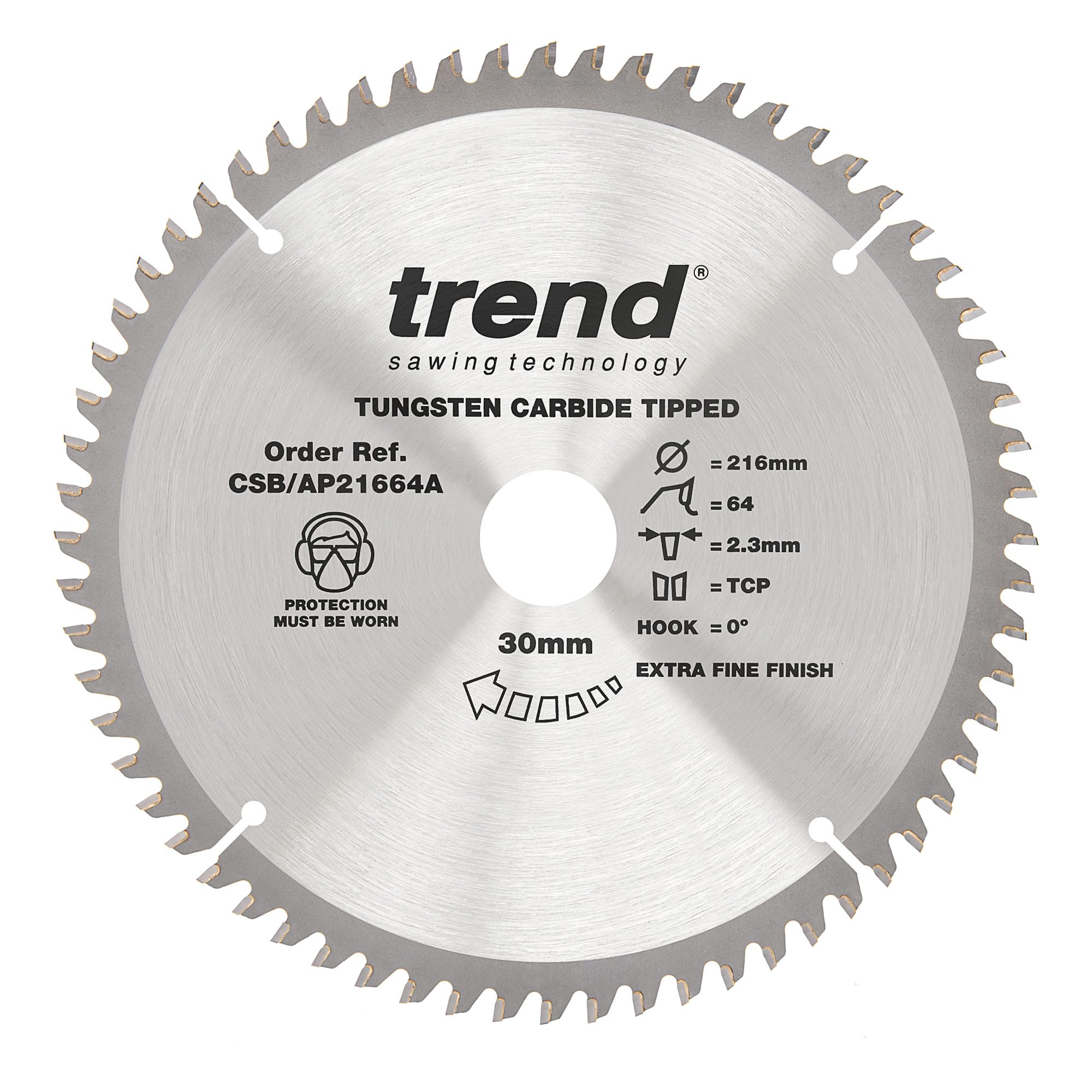 Trend Aluminium & Plastic Circular Saw Blade, 216mm Diameter, 30mm Bore, 64 Teeth, 2.3mm Kerf, 0° Hook, TCT, Extra-Fine Finish, CSB/AP21664A
