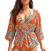 Bolsamila 3 Piece Swimsuits for Women Sexy Leaf Print Bikini Set Mesh Cover Up Tropical Swimsuits XS-XXL