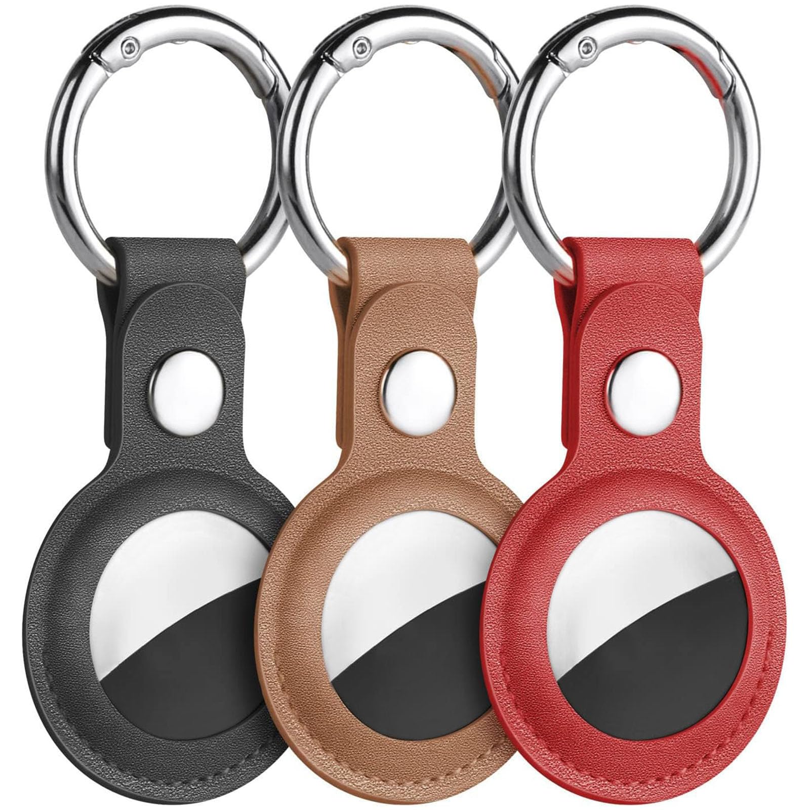 Ainiv Protective Case for Apple Airtags, 3 Pack PU Leather Keyring Case, Tracker Cover for AirTags, Pet Dog Cat Collar Locator Tracker Cover, Key Finder Case for AirTag-Black Brown Red