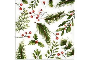 Gift Boutique 100 Christmas Berries & Pine Cocktail Beverage Napkins Disposable Paper Xmas Holly Berry Greenery Dessert Napkin for Winter Holiday Home Kitchen Wedding Party Supplies Table Decorations