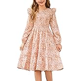 GRACE KARIN Girls Long Sleeve Fall Floral Dress Ruffle Round Neck Smocked Layered Hem