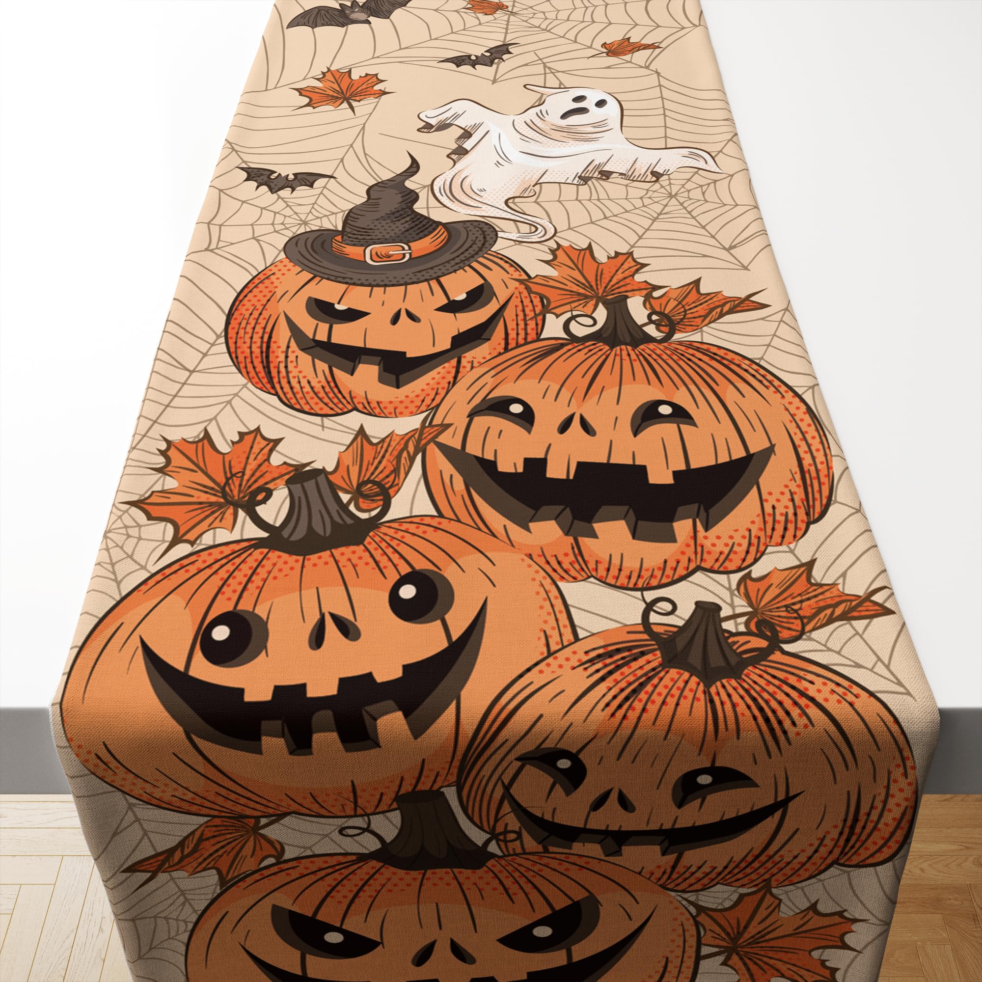 Photo 1 of OHOME Halloween Decorations - Waterproof Table Runner for Indoor Outdoor | Halloween Pumpkins Leaves Ghost Bats Table Decor of Party Favors Supplies Backdrop Tablecloth for Home Office Kitchen