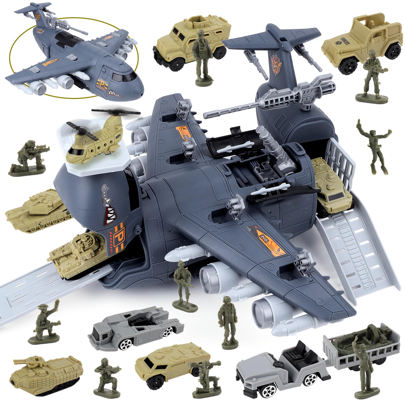 deAO Military Toys Army Vehicle Playset Toy Plane Helicopter Soldiers Army Toys with Cargo Plane Helicopter Tanks, Realistic Aircraft Carrier Toy, Role-Play Learning Set for Kids 3+