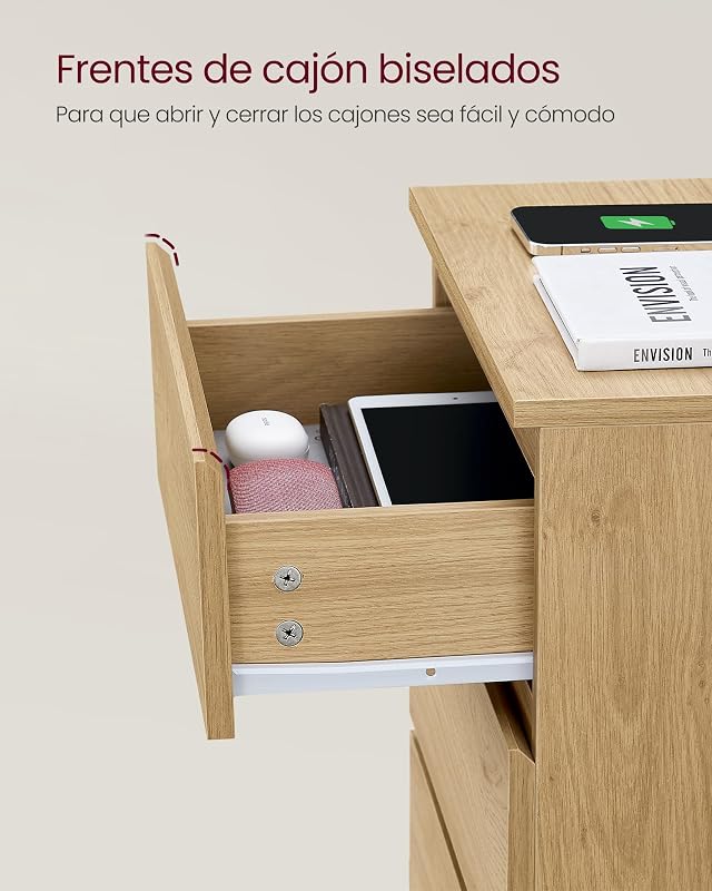 Coleção KAILYN - Mesa de cabeceira com estação de carregamento, conjunto de 2, mesa lateral com 3 gavetas, 2 tomadas AC, 2 portas USB, quarto, escritório, amarelo palha LET831Y70