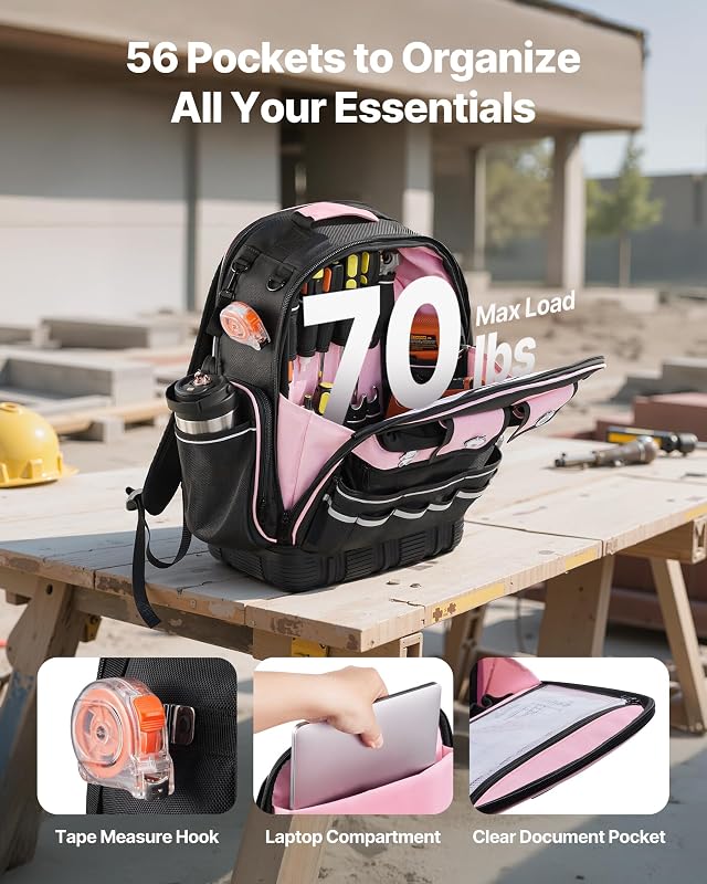 Zaino Portautensili, 56 Tasche, Organizzatore per Attrezzi Pesanti, Zaino da Lavoro con Scomparto per Laptop e Base Sagomata, Borsa da Cantiere per Elettricisti, Riparatori e Tecnici HVAC